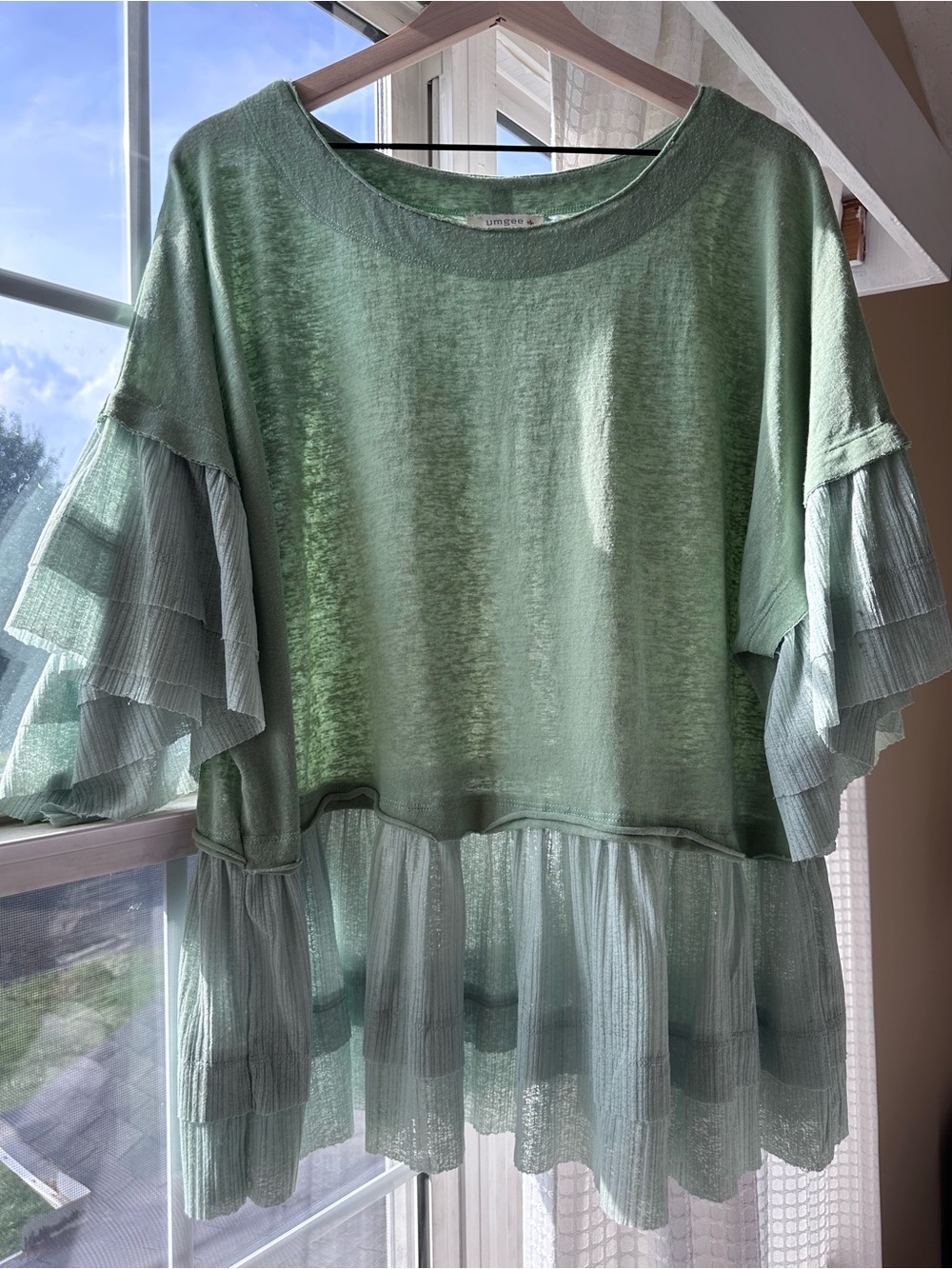 Umgee Light Sage Green Tiered Ruffle Tunic Top - Picture 2 of 16